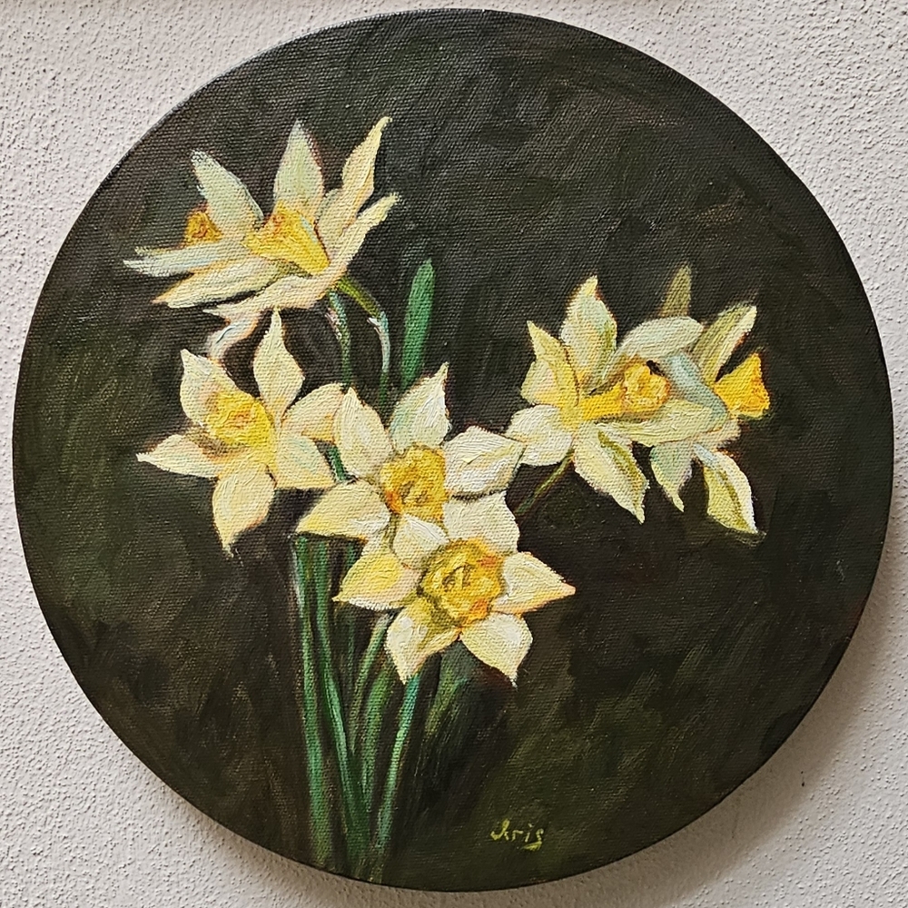 Original oil hand painted Still Life Daffodils, wild flowers